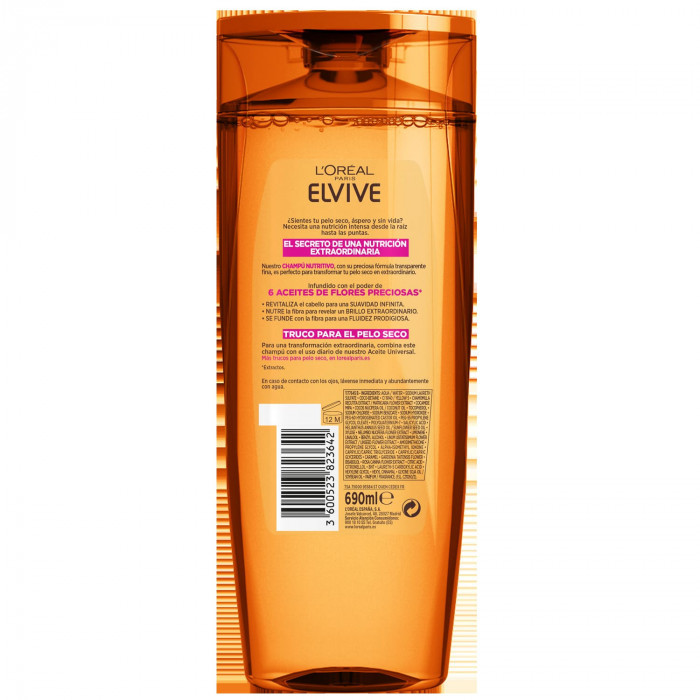 LOREAL PARIS ELVIVE ACEITE EXTRAORDINARIO CHAMPÚ NUTRITIVO PARA PELO SECO 690ML